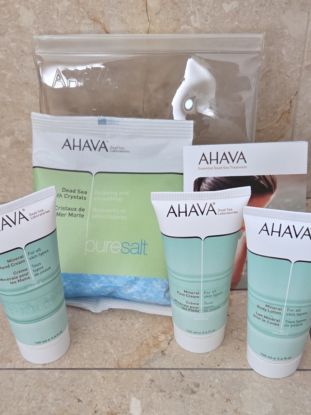 AHAVA Dead Sea Pure Salt Set Hand & Foot Cream Body Lotion Bath Crystals Set New